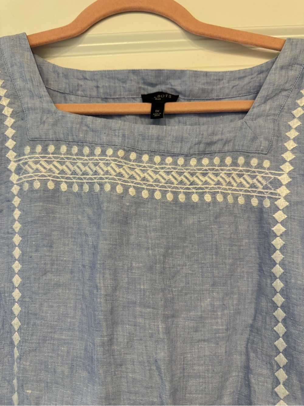 Talbots Light Blue Embroidered Linen-Blend Square Neck Top - Picture 6 of 8